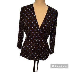 BAILEY 44  ANTHROPOLOGIE TOP WRAP BLOUSE BLACK BLUE V-NECK LONG SLEEVE Size L